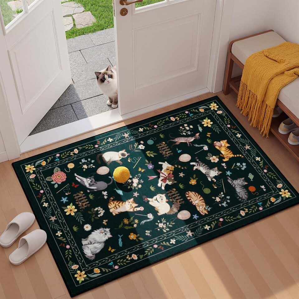 Unirea 2x3 Black Cute Cat Area Rug for Kitchen Entryway, Washable Door Mat