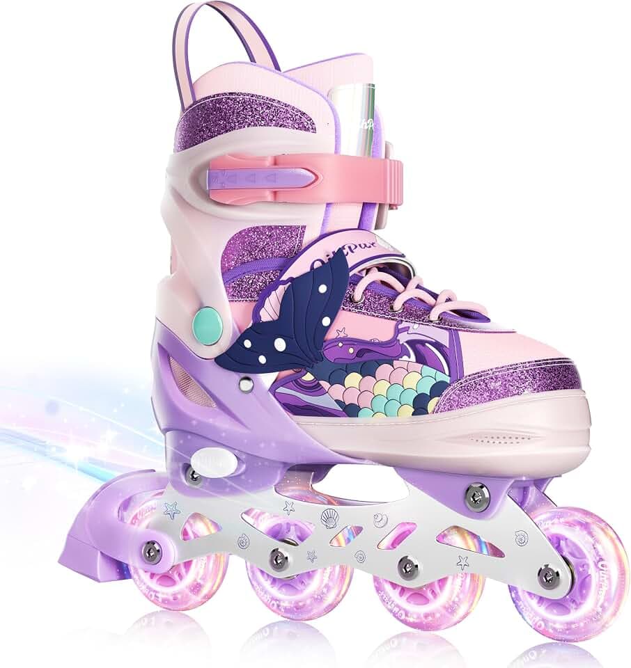Inline Skates für Mädchen,4 Größen Verstellbar Inliner mit Allen leuchtenden Rädern für Kinder/Jugendliche (Rosa, L)