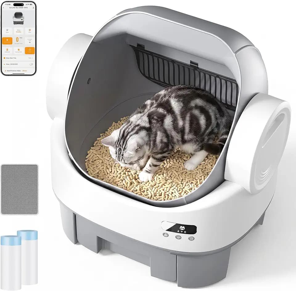 JUMMICO Selbstreinigende Katzentoilette, XXL intelligentes elektrisches Katzenklo mit offenem Design, 12L‑Sammelbehälter, Mehreren Sicherheitssensoren, APP‑Steuerung, geeignet für Mehrkatzenhaushalte