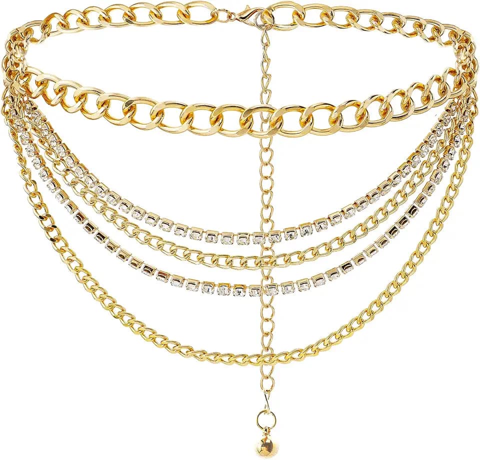 Suyi Multilayer Chain Belt Rhinestone Metal Chain Belts for Women Punk Gold Waist Chain