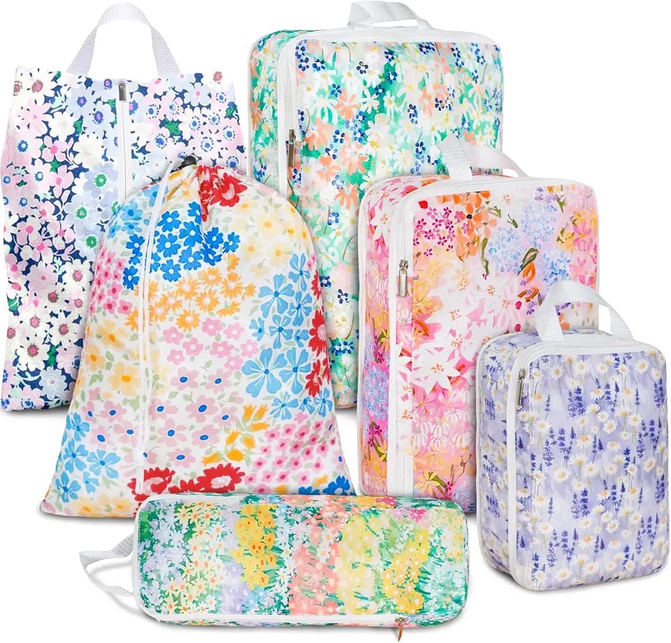 6 Pcs Compression Packing Cubes Waterproof Suitcase Travel Bag Luggage Backpack Organizer Travel Cubes for Packing-Small Floral Print
