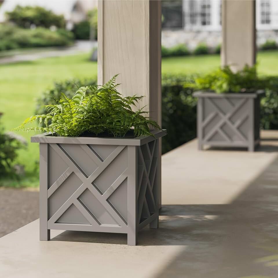 Lattice Design Outdoor Planter Box 2-Pack - 15.5” Square 16.5” Tall Gray Decorative Plant Pots for Front Porch Decor - Flower Pots Outdoor Planters for Porch Patio or Garden Decor by Pure Garden