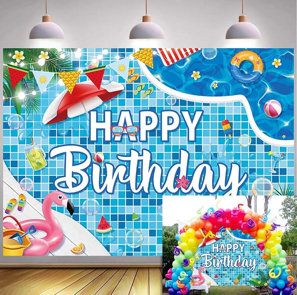 Summer Pool Party Backdrop for Birthday Party 7x5FT Pool Birthday Party Decorations Summer Happy Birthday Photography Background Pool Party Cake Table Banner Decorations Supplies