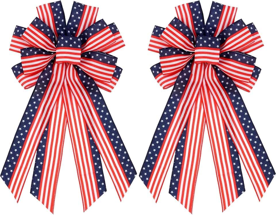 Patriotic Bows for Wreath 2 Pack Large American Flag Bow Red White and Blue Wired Edge Stars Stripes for 4th of July Memorial Veterans Day Front Door Decor