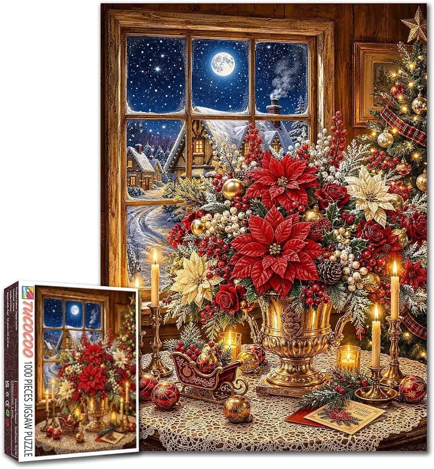 1000 Piece Jigsaw Puzzles for Adults Rustic Christmas Flowers Jigsaw Puzzle Cozy Xmas Floral Puzzles Game Charming DIY Craft Fall Window Home Decor Christmas Window Snowy Cottage Art