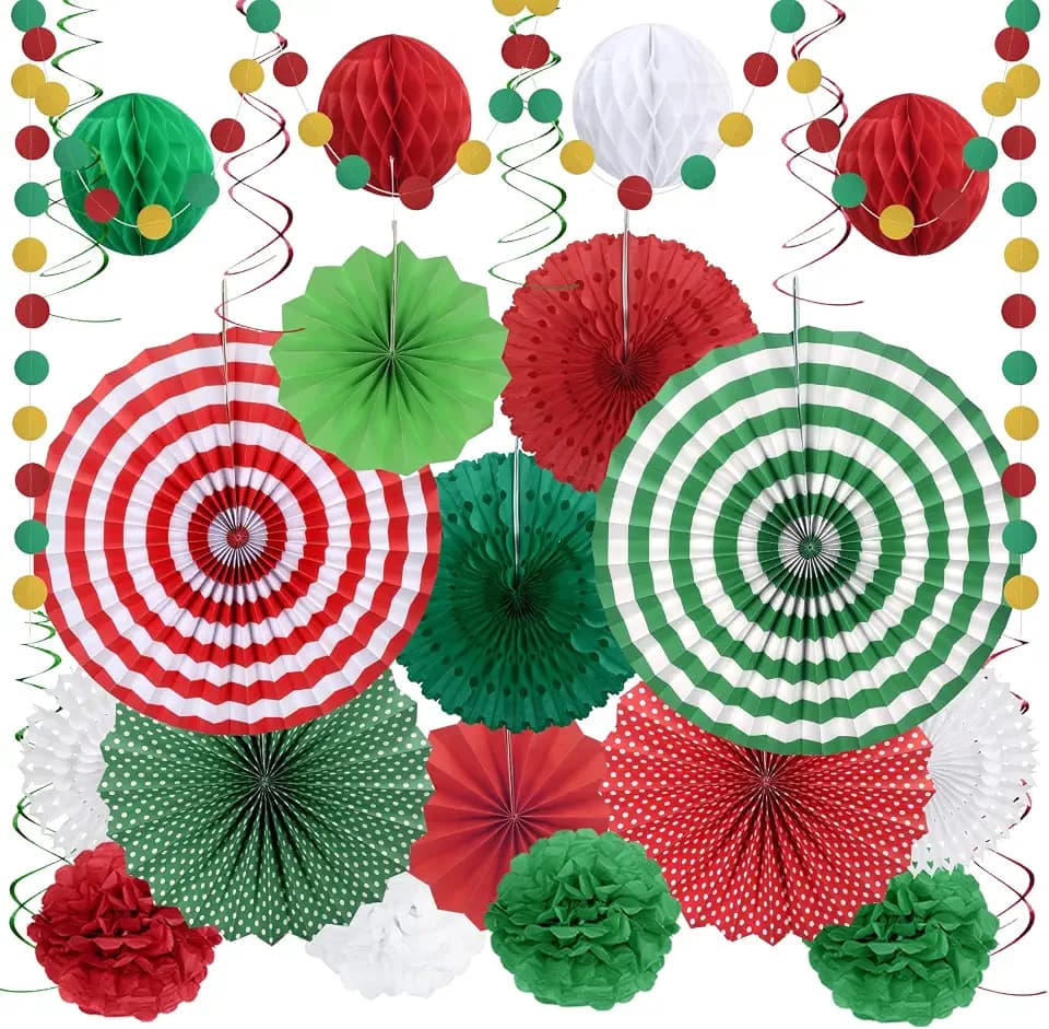 HONMOK 27 Stück Weihnachten Party Dekorationen Rot Grün Papierfächer Papier Wabenbälle Punkt Girlande Weihnachtsdeko Spirale für Weihnachtsfeier Xmas Deko Neujahr Silvester Party