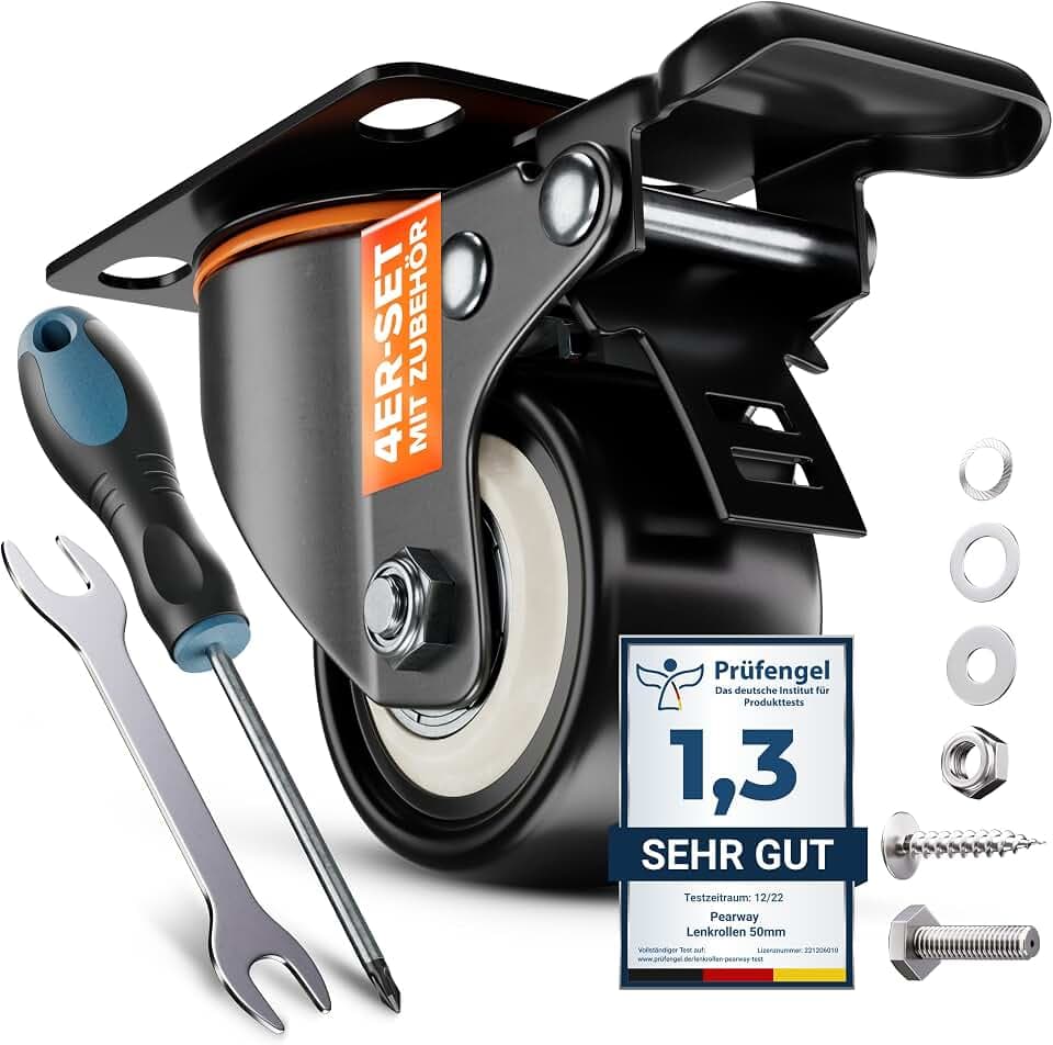 PEARWAY™ Schwerlastrollen 50mm - bis 320kg mit 4x Bremse - extra leise & langlebig - Möbelrollen mit Bremse - Rollen für Möbel & Schwerlast - Lenkrollen für Möbel & Outdoor - Laufrollen - Bockrollen