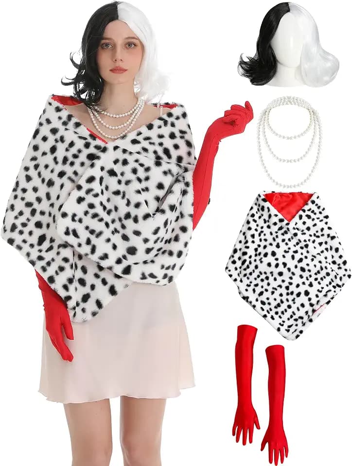 5 Pcs Dalmatian Costume Women Dalmatian Shawl Black and White Wig Pearl Necklace Red Gloves Halloween Costume Accessories Set