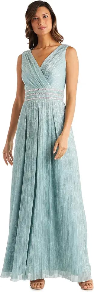 R&M Richards Women's Sleeveless Maxi Dress - V-Neck Pleated Long Formal Gown W/Rhinestone Trim - Party & Cocktail Attire