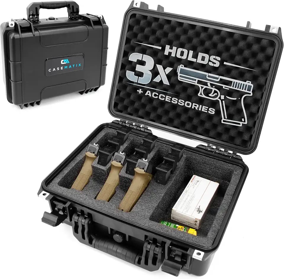 CASEMATIX TSA Approved 3 Pistol Case - 16" IPX7 Waterproof Handgun Case for 3 Handguns and 9 Magazines with Accessory Storage, Heavy-Duty Pistol Case Hard Shell Gun Carrying Case