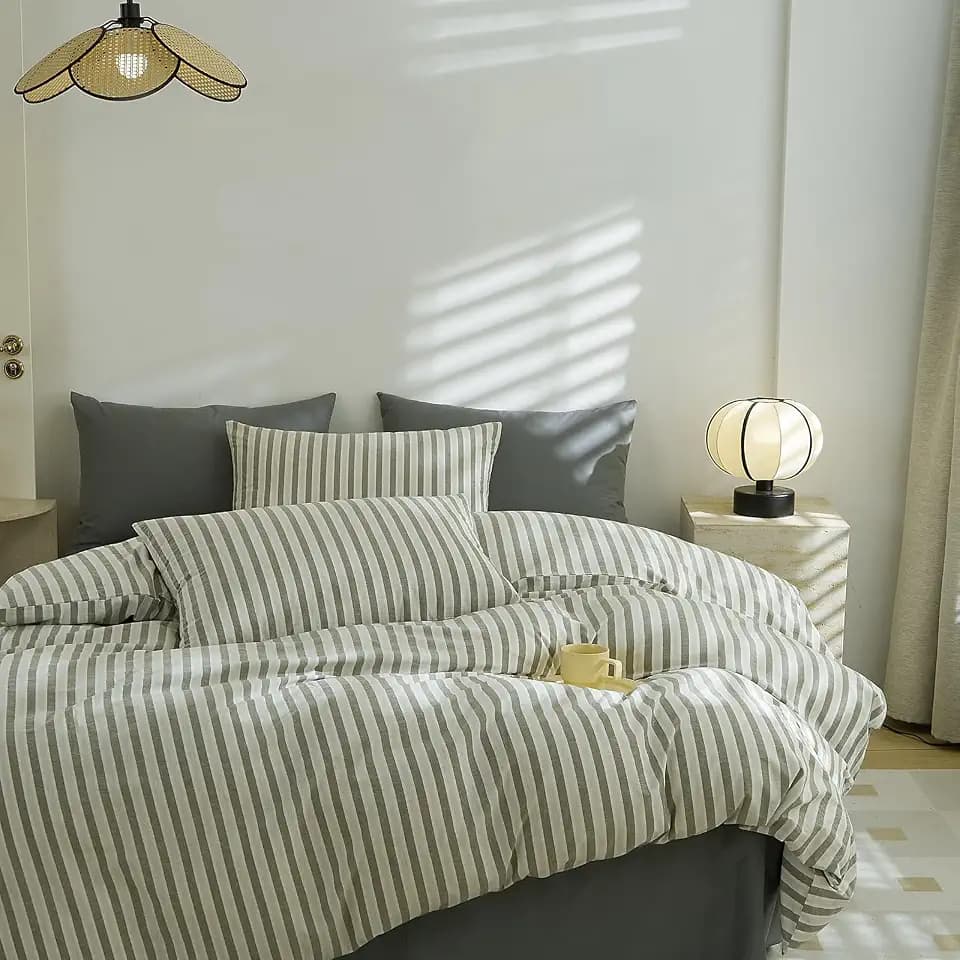 EAVD Retro Green Grey Striped Duvet Cover Set King 100% Washed Cotton