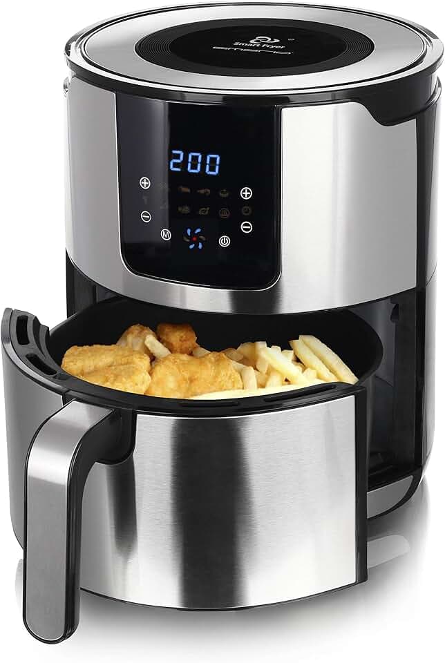 Emerio Heißluftfritteuse, Air Fryer, Frittieren ohne Öl, leicht zu reinigen, 5.0L Volumen für die ganze Familie, Edelstahl, 1400 Watt, Digital, 7 Automatik Programme, Schwarz/Silber