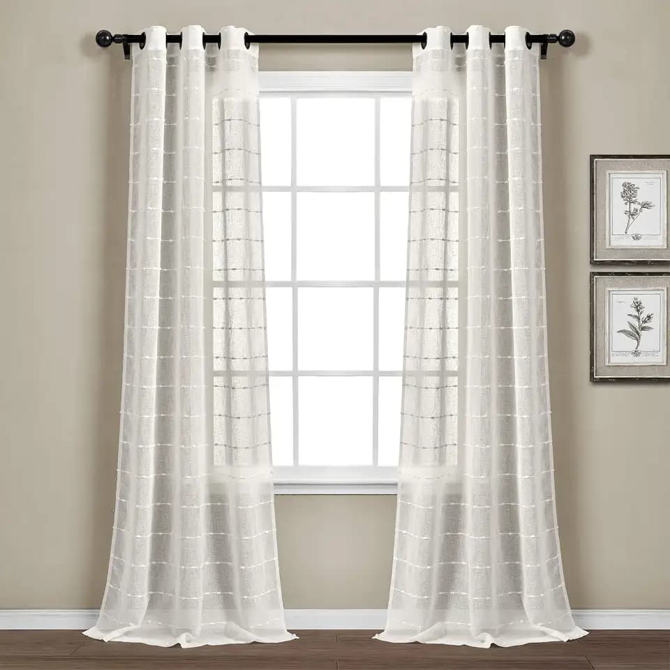 Lush Decor Farmhouse Textured Grommet Sheer Window Curtain Panel Pair, 38"W x 95"L, White