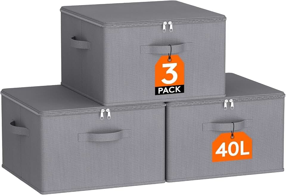 Lifewit 40L Aufbewahrungsbox mit Deckel, 3er-Pack Stoffbox mit Griff, Grau | Faltbare Schrank Organizer, Aufbewahrung für Kleidung, Vliesstoff, 40 x 40 x 25 cm