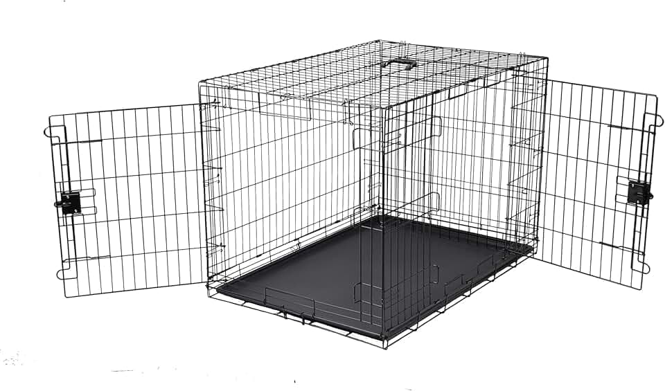 Amazon Basics Faltbar Zusammenklappbarer Hundekäfig aus Metalldraht mit Bodenschale, Doppeltür, Schwarz, L 107 x B 71 x H 76 cm