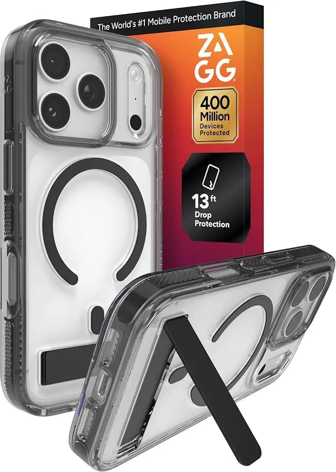 ZAGG Santa Cruz Snap Case with Kickstand for iPhone 17 Pro - Jet Black, Drop Protection (13ft/4m), MagSafe Charging Compatible, ClearGuard Anti-Yellowing Technology, Scratch Resistant Phone Case