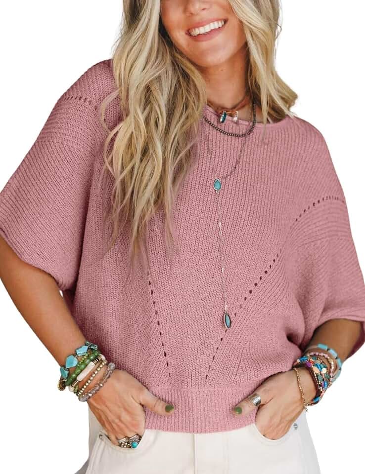 Womens Knit Sweater Top Half Batwing Sleeve Crew Neck Crochet Pullover Loose Casual T Shirt Blouse