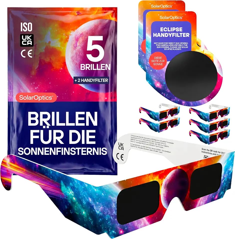 Sonnenfinsternisbrille mit Handy-Filter – ISO 12312-2 & CE-zertifiziert, Sichere Sonnenbeobachtung + Smartphone Filter Set, AAS 2026