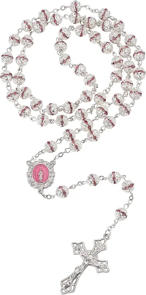 8mm Rhinestone Beads Catholic Virgin Mary Rosary Necklace Women
