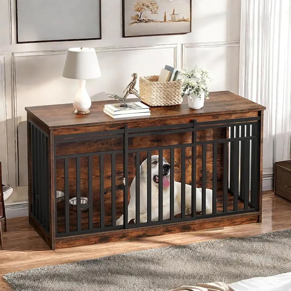 YITAHOME 55 Inch Large Dog Crate Furniture with 2 Dog Bowls, Rustic Brown