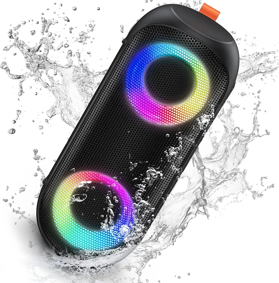 Kunodi Bluetooth Speakers IPX7 Waterproof Bluetooth Speaker with Colorful RGB Lights, 20W Stereo Sound,30H Playtime, Outdoor Portable Wireless Speaker for Party, Travel, Outdoor