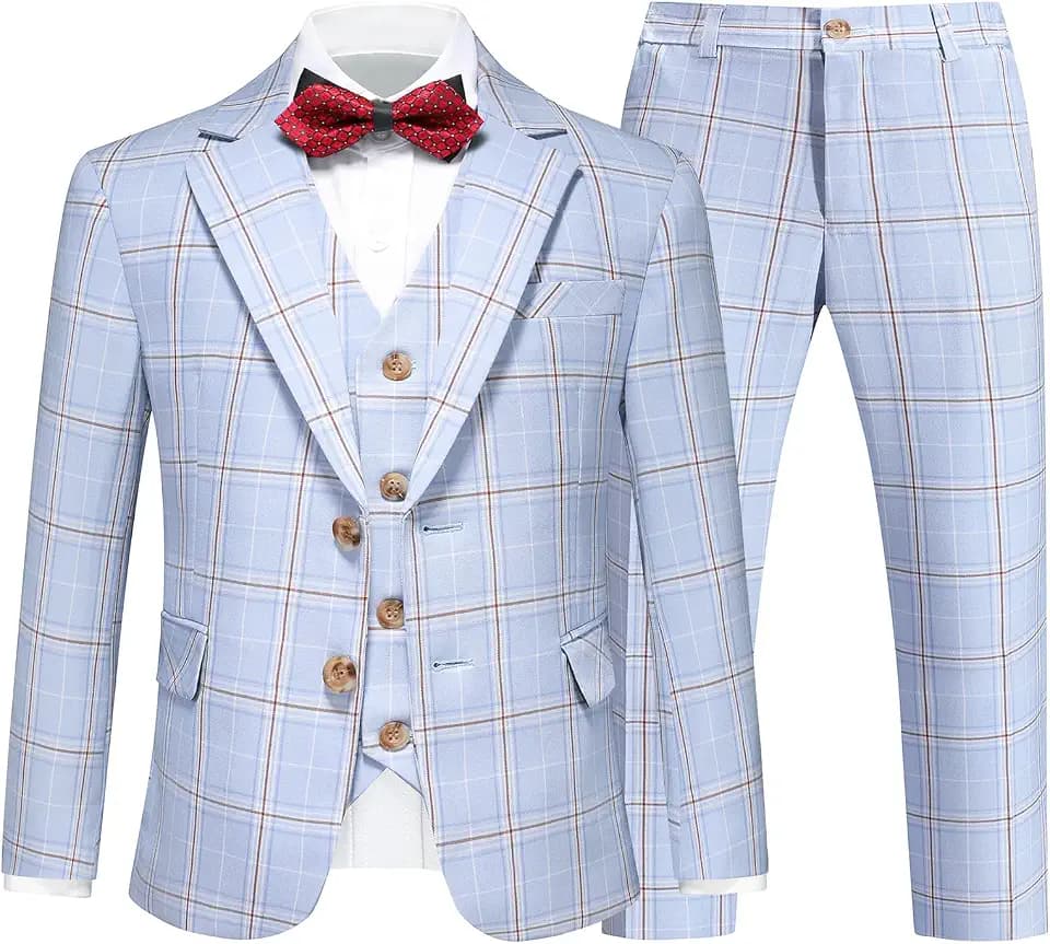 Boys Plaid Suit Sets 3 Piece Kids Formal Tuxedo Suits