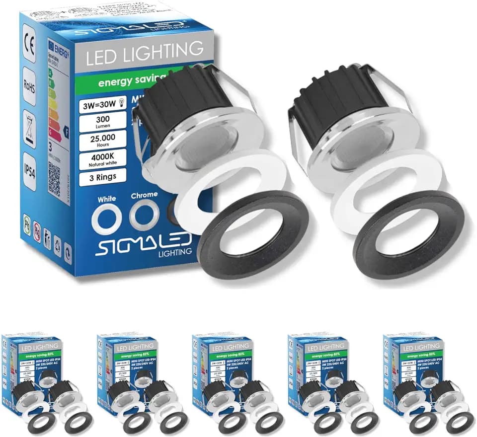 SIGMALED LIGHTING, Mini-LED-Einbaustrahler 3W, Spritzwassergeschützt für den Außenbereich, dimmbar, Neutralweiß 4000K, 300 Lumen, IP54 Runde Einbauspot, 220V / 230V AC, 10er-Pack (5 Box mit 2 Stuck)