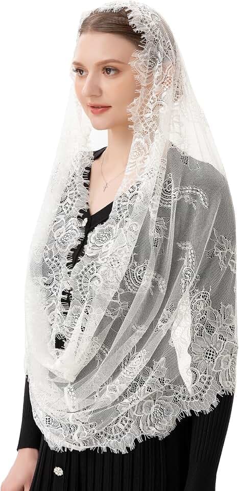 PAMOR Spanish Style Lace Traditional Vintage Inspired Infinity Shape Mantilla Veil Latin Mass Head Covering
