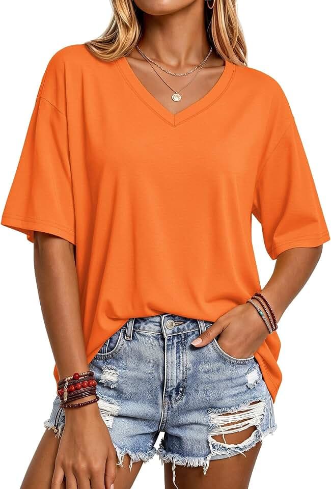 YUCOLEN Oversized Tshirts for Women Summer Cotton V Neck Loose Basic Tees