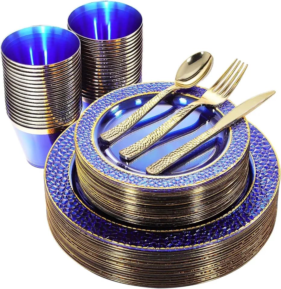 Nervure 150PCS Clear Blue Plastic Plates with Gold Hammered Silverware Set