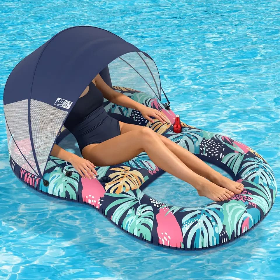 Pool Floats Adult with UPF 50+ Sunshade Canopy, Inflatable Pool Floaties Lounger with Headrest Cup Holder Footrest for Tanning Pool Toy Party, Swimming, Lake, Beach, Travel