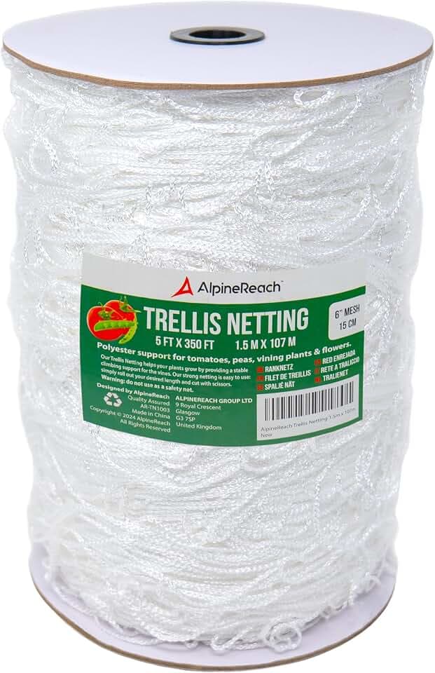 AlpineReach Trellis Netting 5 x 350 ft Heavy Duty Polyester White - 6 Inch Mesh Support Twine for Growing High Yield Tomatoes, Peas, Vine Climbing Plants Fruits Vegetables
