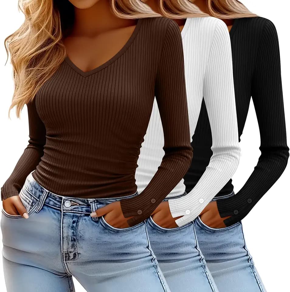 Xaatren 3 Pack Women's Long Sleeve Ribbed Shirts V Neck Tops