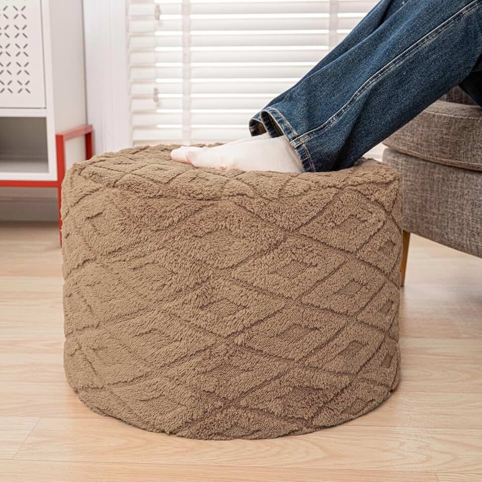 Round Ottoman Pouf,Footstool Ottoman,Footrest,Light Coffee,20x14In