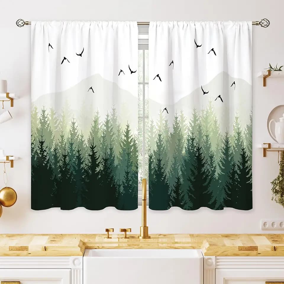 Green Misty Forest Small Kitchen Curtains Nature Window Treatment Tree Woodland Rod Pocket Cafe Short Curtains for Bathroom Dining Laundry Room Mountain Tier Treatment Drapes 27.5x39 inch
