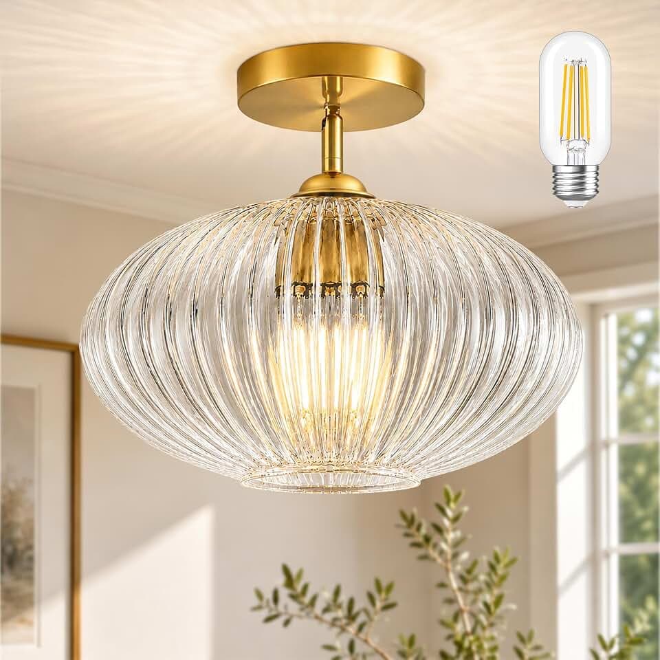 Bagood 10" Gold Glass Flush Mount Light Fixture Mid Century Modern Flush Mount Ceiling Light Textured Vintage Light Fixtures for Entryway Foyer Hallway Corridor Bedroom Closet (Bulb Included)