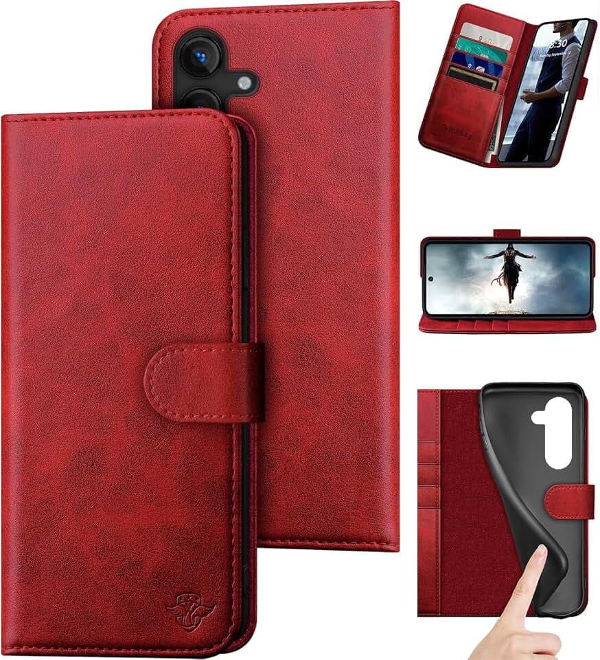 DuckSky Compatible with Samsung Galaxy S25 Genuine Leather Wallet case【RFID Blocking】【4 Credit Card Holder】【Real Leather】 Flip Folio Book Phone case Cover Women Men for Samsung S25 case Red