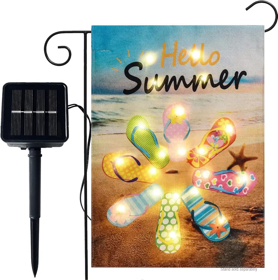 Hello Summer Beach Flip Flop Garden Flag with Lights- Solar LED Burlap Garden Yard Outdoor Flags Summer 12x18 Double Sided Banner for Patio Lawn Outside Decoration Farmhouse