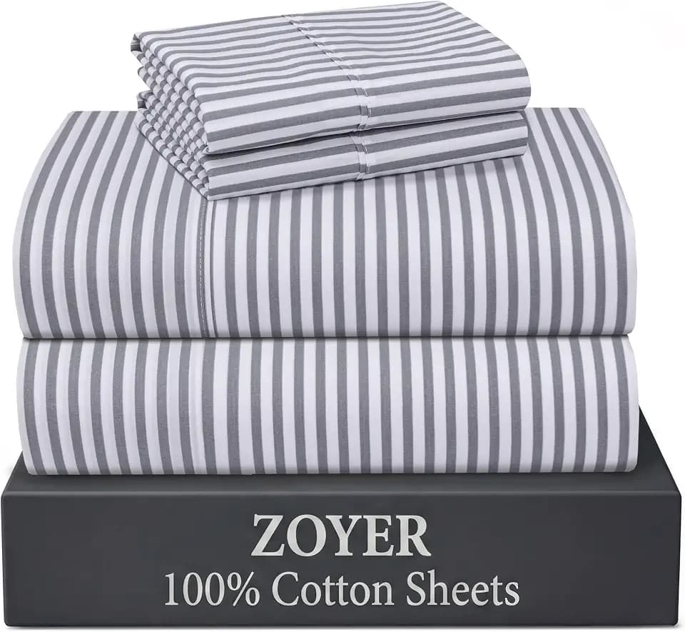 ZOYER 100% Cotton Percale King Sheets, Percale Weave, Grey Stripe