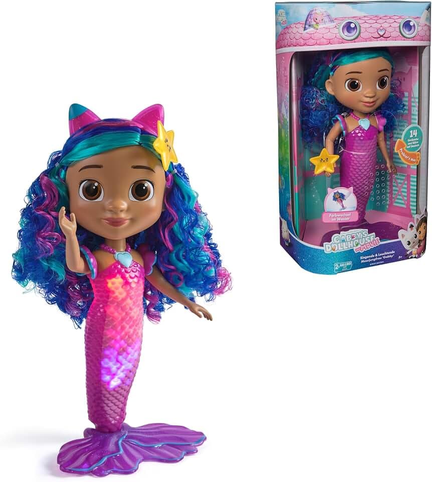 DreamWorks Gabby's Dollhouse – Sing & Shine Meerjungfrau Gabby, 35 cm große Puppe mit Licht- und Soundeffekten, spricht Deutsch, für Kinder ab 3 Jahren