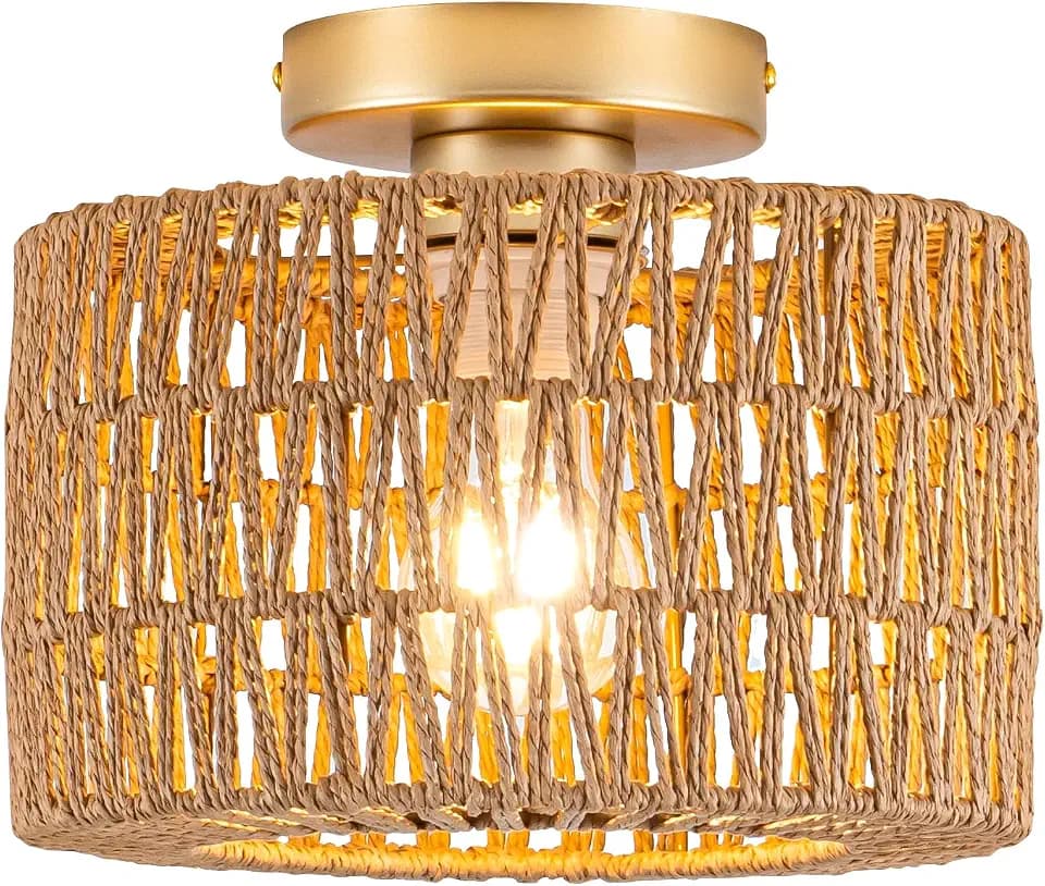 Rpzloila Rattan Ceiling Light, 1 Light Bohemian Modern Woven Flush Mount Ceiling Light, Boho Light Fixture for Bedroom Living Room Dining Room, Gold Finish