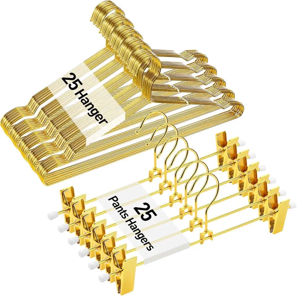 Wesiti 50 Pcs Gold Hangers - 25 Cloth (17.7") and 25 Metal Pants/Skirts (12") With 2 Adjustable Non-Slip Clips, Swivel Hook, Strong Metal Wire
