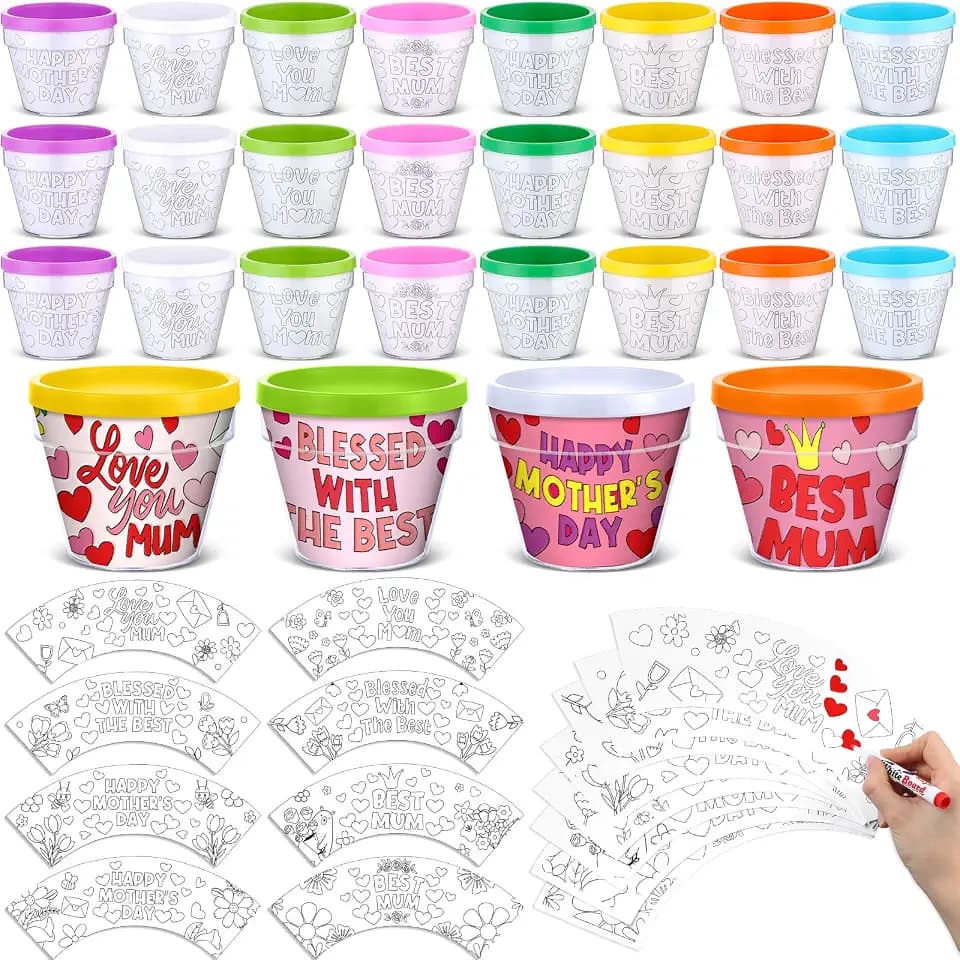 Meanplan 24 Pcs Mother's Day DIY Flower Pots, Color Your Own Mom Artist Flowerpots Bulk Mothers Garden Pot Crafts Kit for Home Mom Mother's Day Gifts Fun Activities