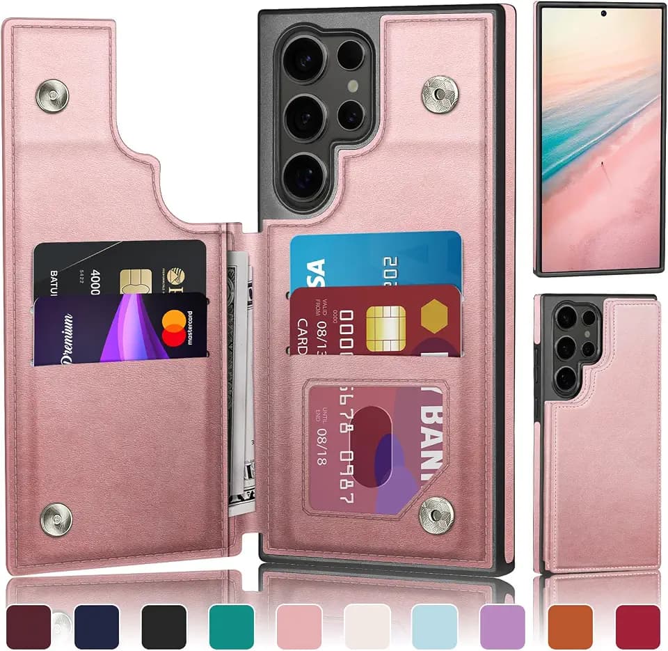 DJDUCK Designed for Samsung Galaxy S23 Ultra Case Wallet with Card Holder, [Magnetic Clasp Cover] [RFID Blocking Leather Protection] Shockproof Women Men Cases for Samsung S23 Ultra Rose Gold