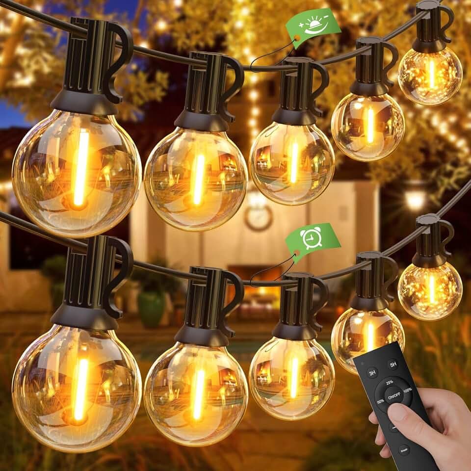 GLUROO Lichterkette Außen Dimmbar 45.7M, Outdoor Lichterkette Glühbirnen Wasserdicht mit Fernbedienung, 75+2 G40 Kunststoff Birnen, LED Lichterkette Strom Bruchsicher für Garten