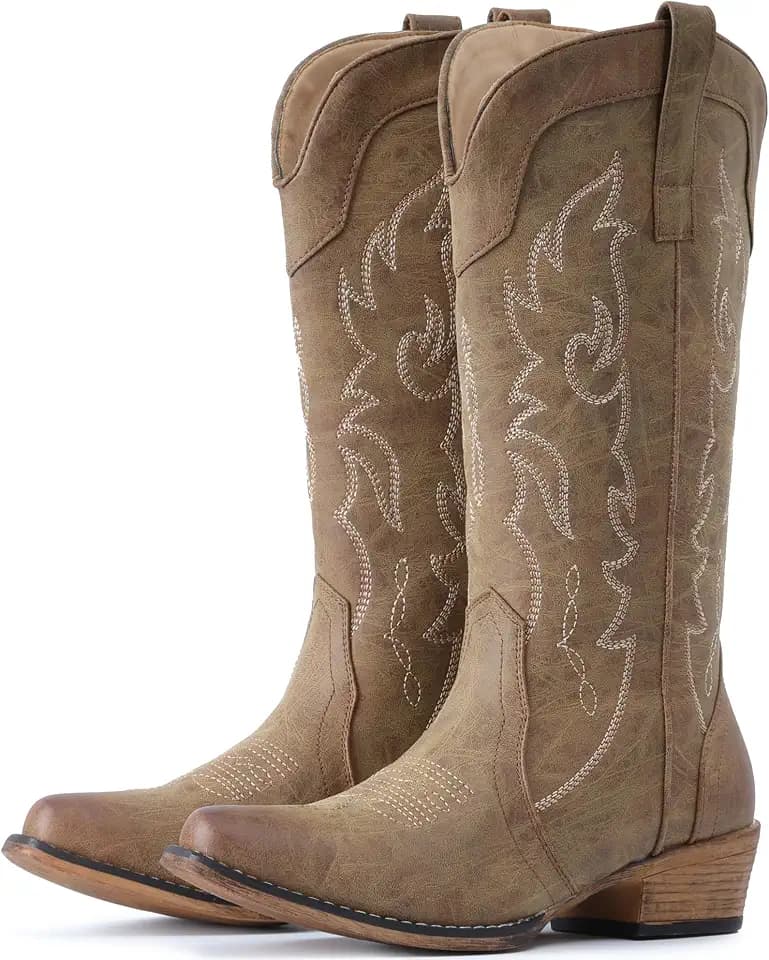IUV Cowboy Boots for Women Mid Calf Fashion Cowgirl Boots Western Snip Toe