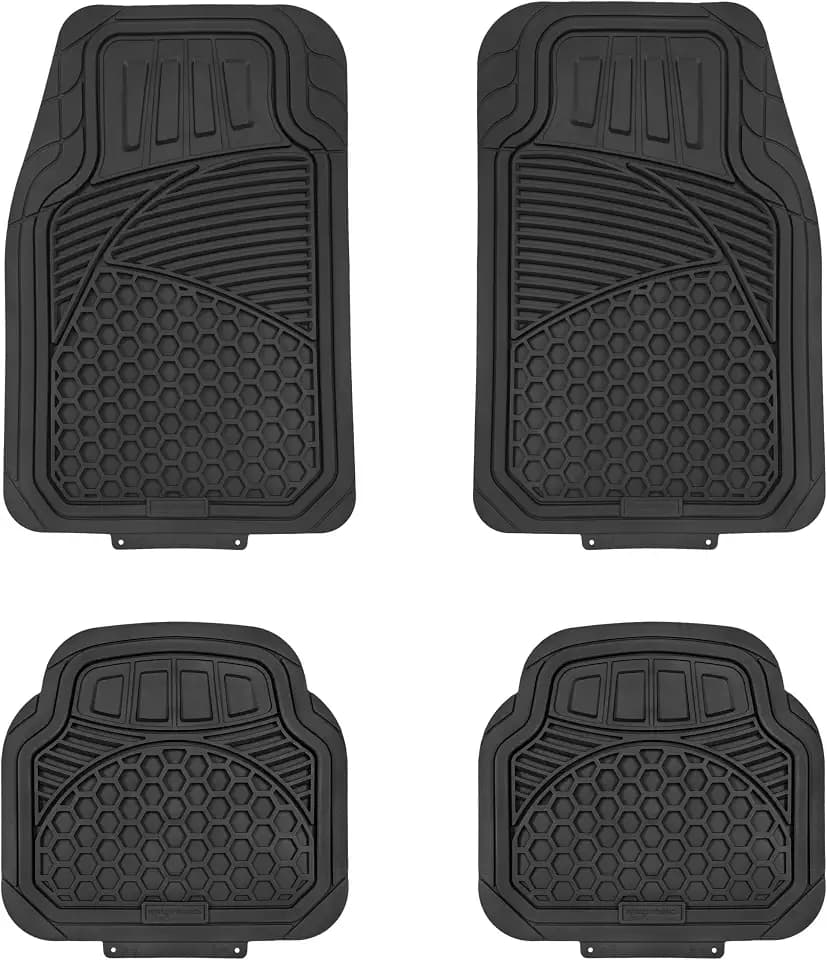 Amazon Basics Heavy Duty Thick PVC Car Floor Mats, Anti-Slip, Easy to Clean, Universal Trim-to-Fit All-Weather for Automotive SUV Sedans Trucks, 4-Piece, Solid Black