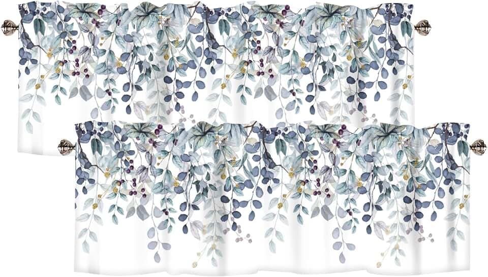 Dark Blue Eucalyptus Leaves Valances for Windows 2 Panels, 42x12 in
