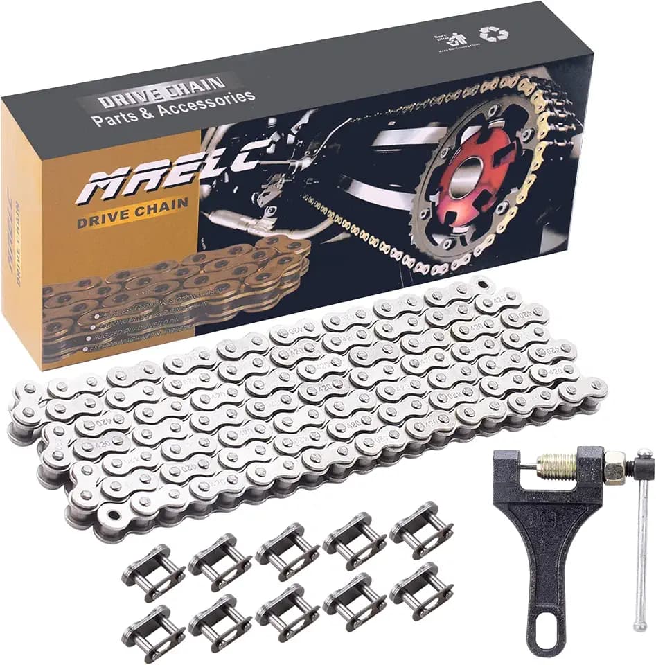 420 Motorcycle Chain 132 Links fit for 50 70 90 110 125cc SSR TaoTao Coolster Apollo Baja 212cc Go Kart Mini Bike Powersports Parts Chinese ATV 4 Wheeler Quad Pit Dirt Bike with Chain Breaker
