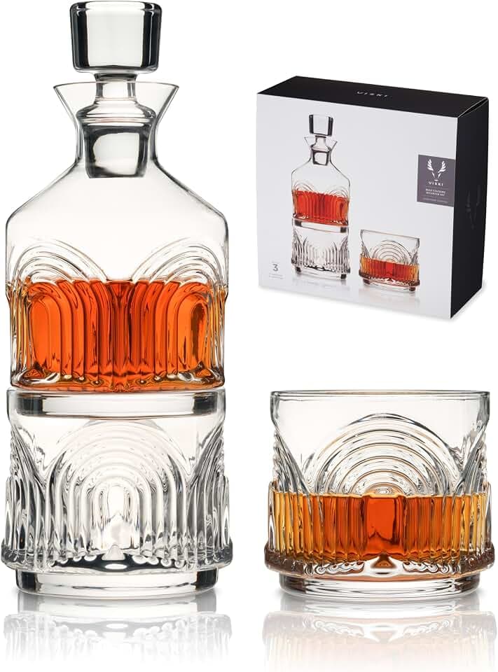 Viski Beau Stacking Decanter Set with Lowball Glasses - Crystal Decanter and Glasses for Whiskey - Art Deco Cocktail Glasses Whiskey Decanter Set of 3